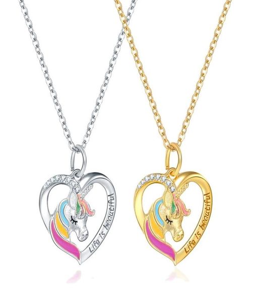 

fashion cute lucky love heart unicorn pendant color pony necklace 925 silver unicorn jewelry children gift3947173