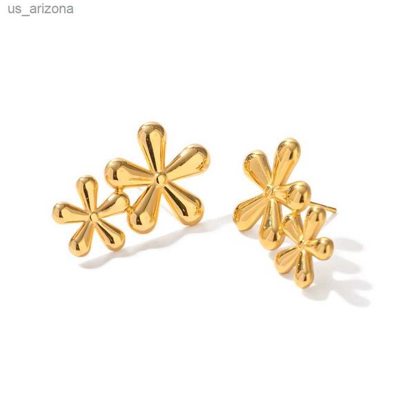 

youthway cute stainless steel asymmetric double flower stud earrings women 18k pvd plated stylish summer jewelry bijoux l230620, Golden;silver
