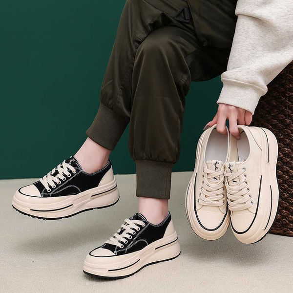 

inner lining layer sheepskin canvas shoes 2023 autumn new women's high rise thick sole shoes women's casual versatile shoes childr, Black
