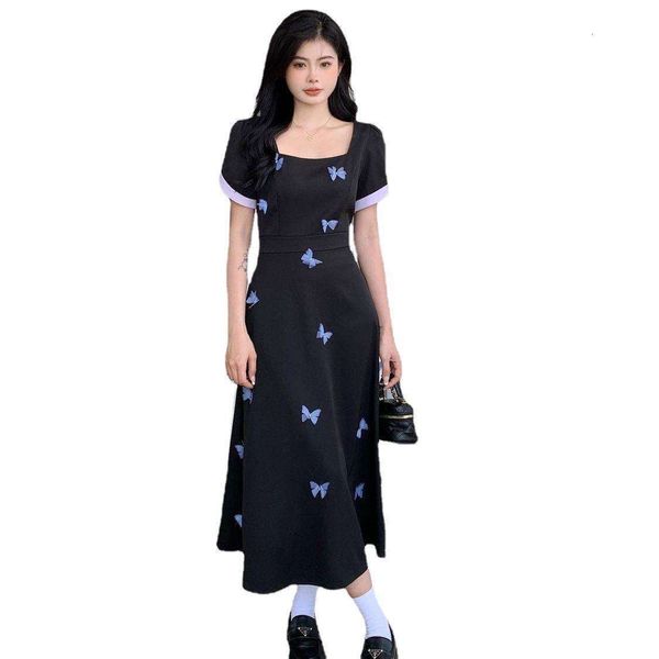 

l size womens clothing summer style fat mm slim looking heavy duty high grade butterfly embroidery color matching, Black;gray