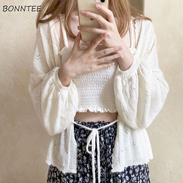 

women's knits tees cardigan women lace up vintage sweet ulzzang students summer allmatch soft solid elegant loose leisure female ins 23, White