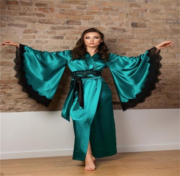 

elegant night gown ruched silk bride sleepwear robes chic lace v neck long sleeves custom made dressing pajamas with sash2192339, White;pink