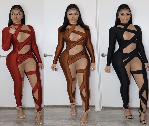 

jumpsuit rompers women bodycon bandage playsuits overalls fashion clubwear party long sleeves bodysuits high neck hollow out jumps1120110, Black;white