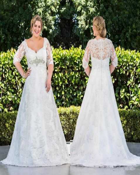 

2020 new plus size a line lace wedding dresses with half sleeves new arrival sheer long princess bridal gowns winter crystal appli8062309, White