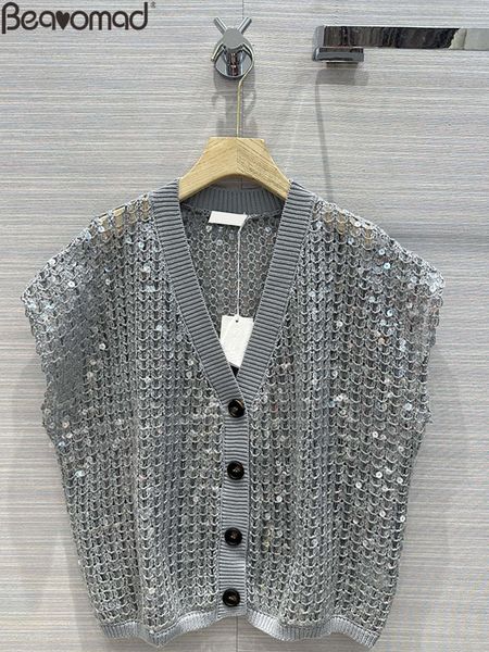 

women's knits tees bearomad summer designer vintage grey color knitting cardigan sweater vest's sleeveless button sequin loose 230, White