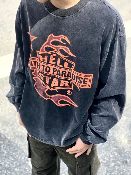 

hellstar american west coast street graffiti hip hop style high street long sleeve heavy do old wash craft man women cotton men vintage t-s, Black;brown