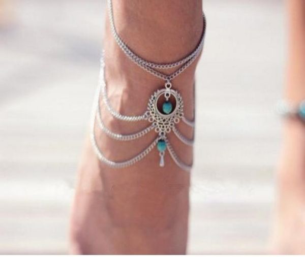 

boho vintage turquoise charm anklets multi layer ankle bracelets national style womens barefoot sandals6797651, Red;blue