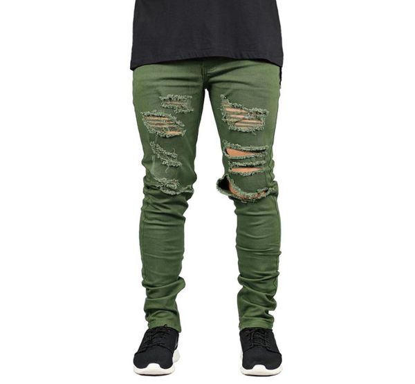 

men jeans fashion stretch slim fit ripped jeans army green hole for men h50938269122, Blue