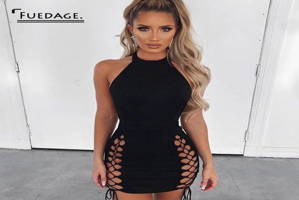 

fuedage summer suede lace up bandage dress black halter backless bodycon dresses sleeveless mini party club dress vestidos4879385, Black;gray