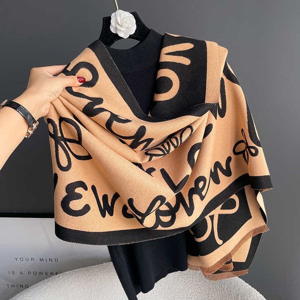 

graffiti letter luo family scarf 2022 autumn winter versatile high grade and simple imitation cashmere warm neck shawl, Blue;gray