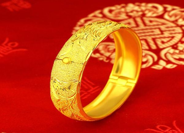 

elegant wedding bridal accessories 18k solid yellow gold filled phoenix pattern womens bangle bracelet openable jewelry gift5288546, Black