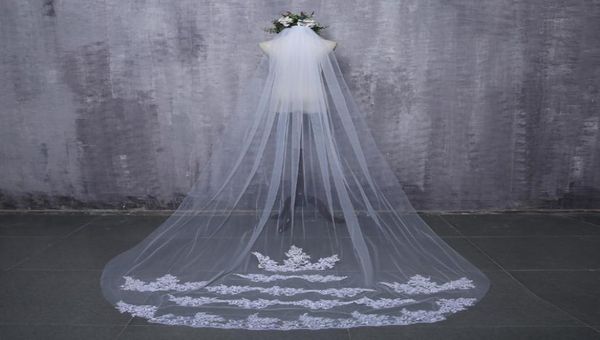 

2019 bride veils white applique tulle 3 meters veu de noiva long wedding bridal accessories lace veil5246961, Black