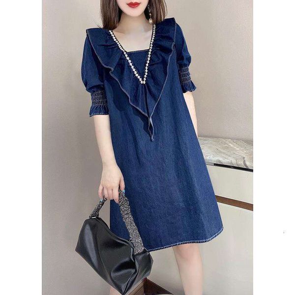 

blue ruffled v neck loose slim looking thin dress summer womens trend, Black;gray