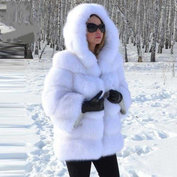 

women's fur winter warm faux overcoat women luxury long coat with hood elegant thicken fluffy jacket, Black