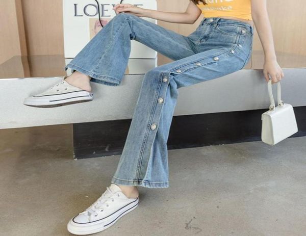 

kog338 blue open fork jeans women loose spring bootleg widelegged pants of tall waist fashion show joker button trousers21232105692395