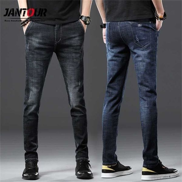 

men's jantour cotton men jeans lace up denim black pants skinny slim hip hop sportswear elastic waist male trousers 210318 l230726, Blue