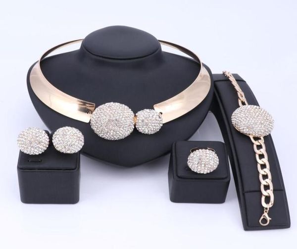 

nigerian jewelry set gold color rhinestone crystal necklace earring bracelet ring set for women bridal wedding accessories3856406, Slivery;golden