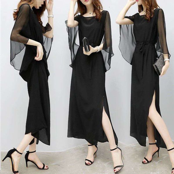 

elegant socialite dress summer round neck korean chiffon womens figure fitting black with slits, Black;gray