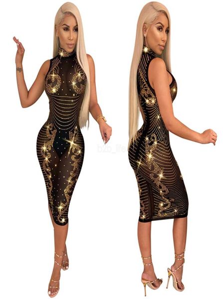 

black sparkling diamonds bodycon dress sheer mesh turtleneck sleeveless shinging perspective slim club party dresses ljja25615564073, Black;gray