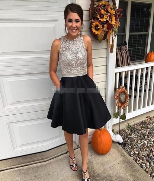 

sparkly black satin short homecoming dresses jewel sleeveless cocktail dress crystal beaded keyhole back plus size prom party gown8320406, Blue;pink