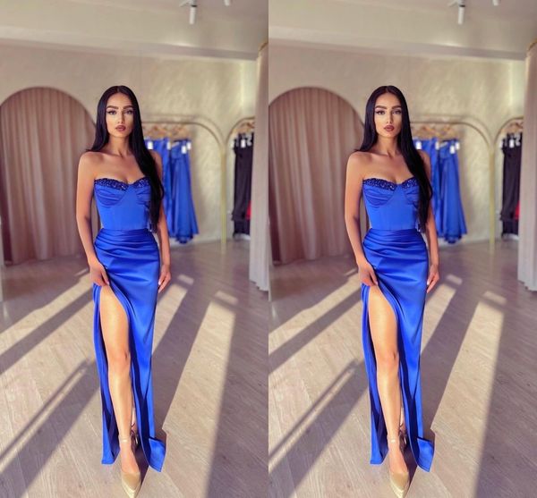 

royal blue plus size mermaid prom dresses for black women sequined sweetheart beaded side split formal wear birthday pageant second receptio