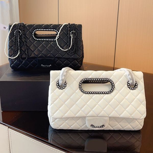 

23ss two-tone pearl chain women designer double flap bag quilted tote turn lock diamond lattice vintage shoulder handbag high-capacity stree