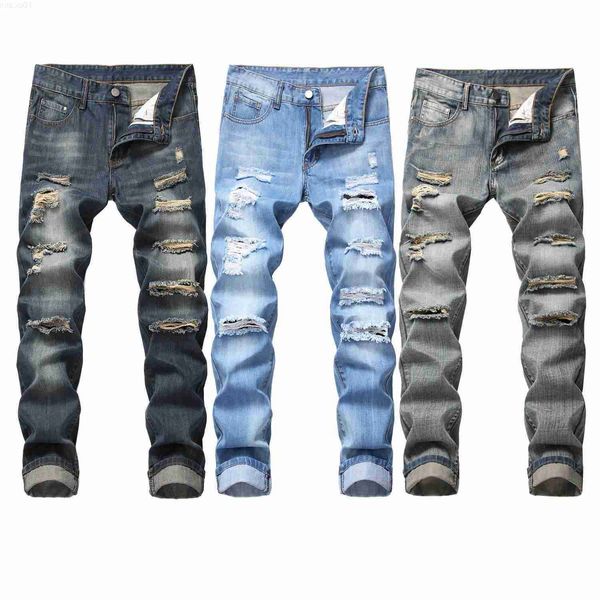 

men's jeans ripped for men street clothes distressed straight pants brand casual male trousers blue 2022 new y2303 l230726