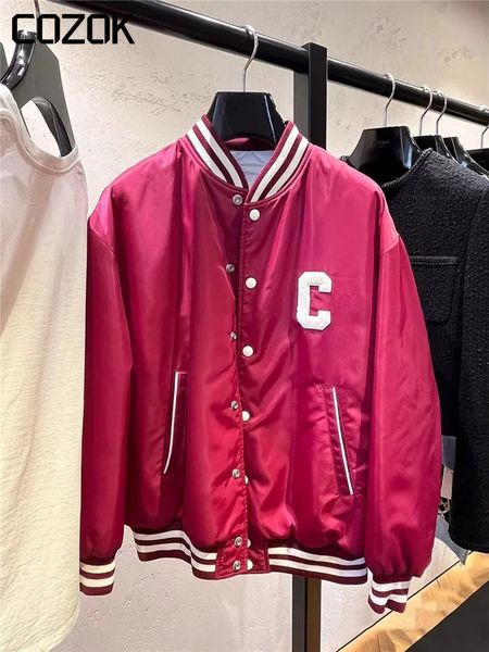 

womens jackets retro wine red baseball jacket women high street letter embroidery thick varsity loose bomber college coats 230726, Black;brown