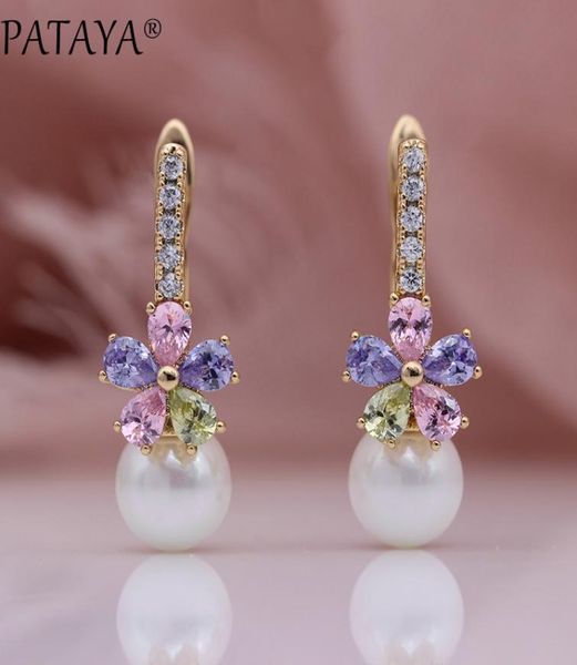 

pataya new white shell pearls dangle earrings 585 rose gold multicolor water drop natural zircon women wedding fashion jewelry2974289, Golden