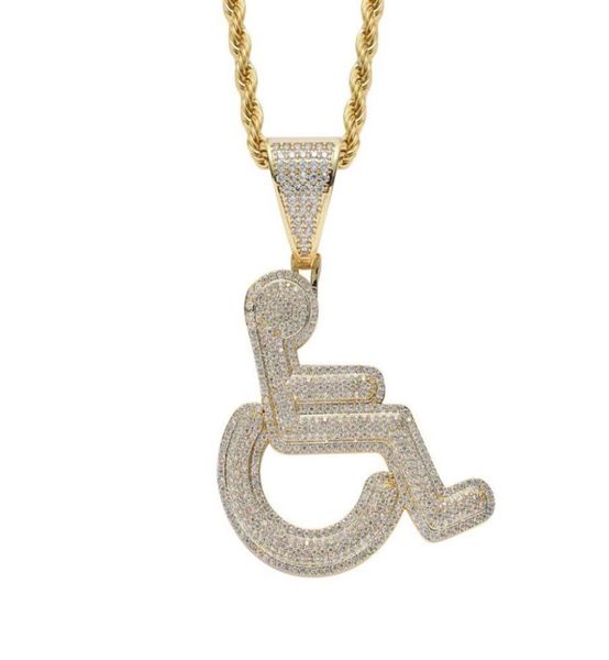 

wheelchair handicap sign pendant necklace gold silver color bling cubic zircon men hip hop rock jewelry266z6062337