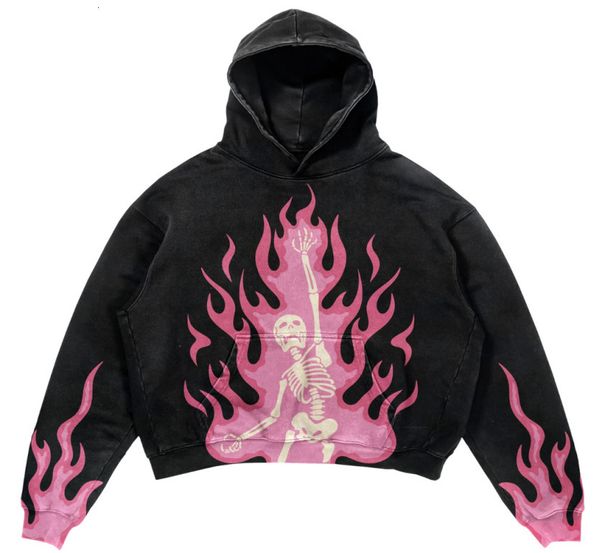 

womens hoodies sweatshirts european and american trendy brand original personality flame skull print retro high street loose longsleeved cou, Black