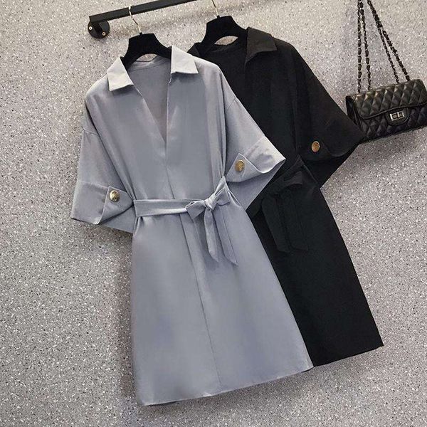 

korean fashion drooping puff sleeve shirt skirt large size womens clothing summer style fat temperament waist dress, Black;gray