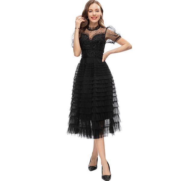 

women's runway dresses o neck short sleeves tiered ruffles appliques high street fashion layer vestidos, Black