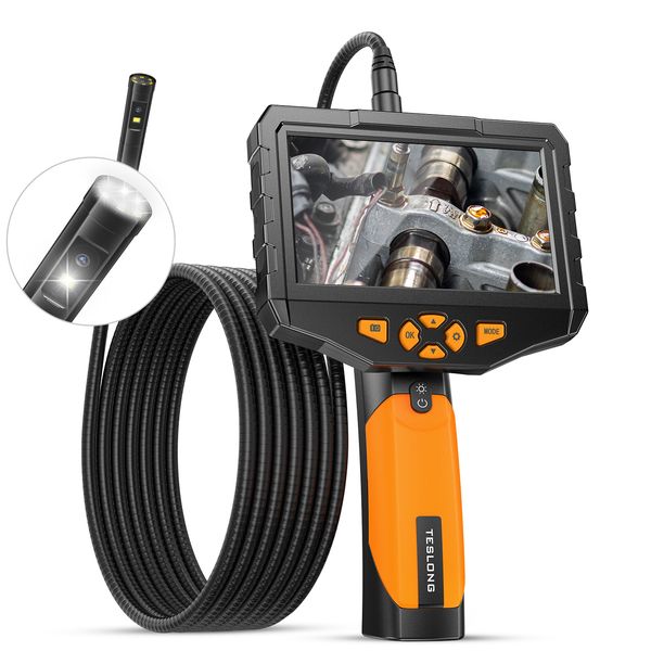 

teslong endoscope camera with light, dual lens inspection camera, 5" ips screen digital industrial borescope, ip67 waterproof for home,