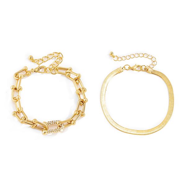 

flat snake chain fashion trend spiral buckle u-shaped bracelet set plays the role of hip-hop personality u-shaped square buckle water diamon, Black