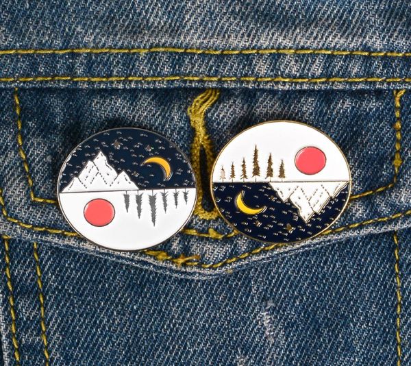 

beautiful moonlight snow mountain forest round sun moon brooch enamel lapel brooches pin gift for friend9926978, Gray