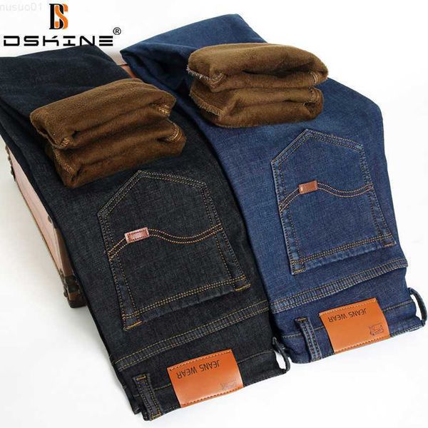 

men's winter straight trousers baggy stretch jean fashion men business casual jeans thicken keep warm autumn man denim pants 211009 l23, Blue