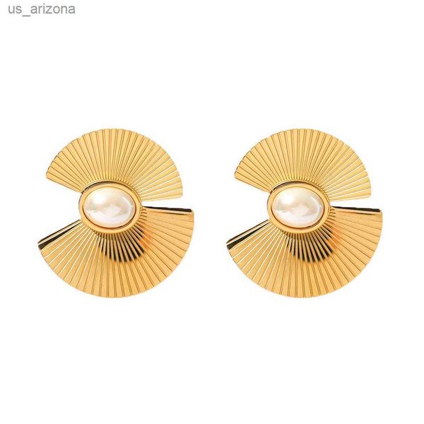 

youthway stainless steel scalloped oval pearl earrings geometric temperament stylish unique design women jewelry 2022new l230620, Golden;silver