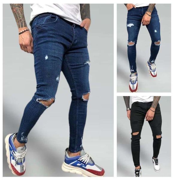 

men039s jeans stretch skinny mens slim fit knee hole ripped denim pants man hiphop style trousers s4xl black brand jean homme6303018, Blue