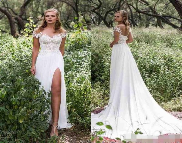 

boho 2019 new sheer jewel neck cape sleeve lace wedding dresses with high split front country style beach bohemian wedding dr2484083, White