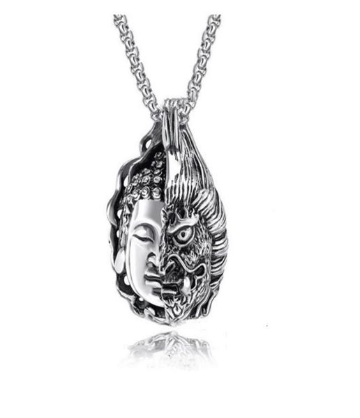 

pendant necklaces stainless steel chain necklace half faced buddha face devil glamour rock hip hop men and women jewelry9072880, Silver