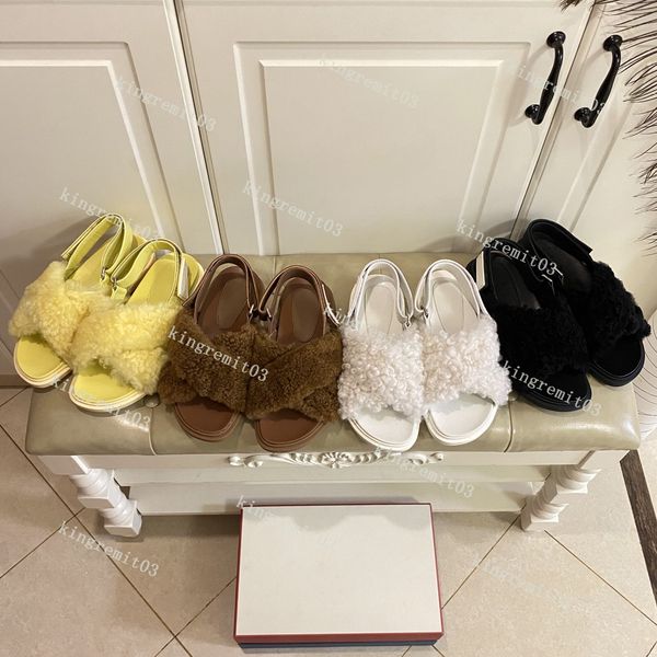 

designer women sandals lambhair slipper furry slieds flat rubber bottom slippers lamb wool warm shoes genuine leather crisscross outdoor cas, Black