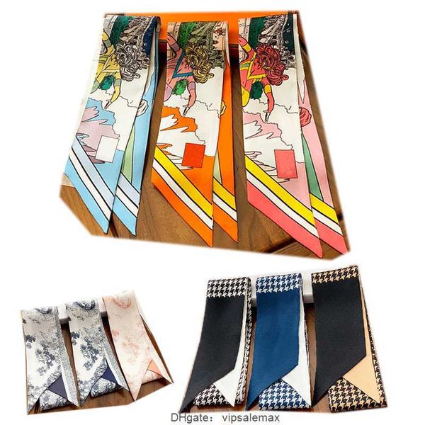 

scarf. hair band 100% pure silk thin narrow strip small silk scarf women's retro mulberry silk letter ribbon binding bag ribbon hair, Blue;gray