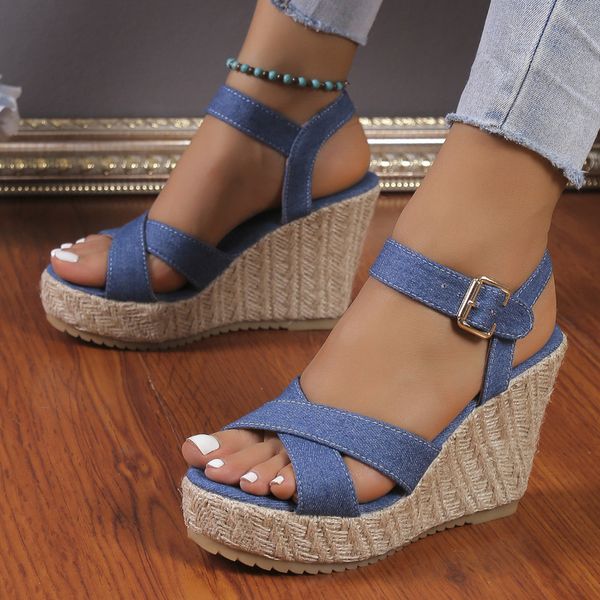 

sandals summer blue platform women casual dress high heel sandalias daily wedges zapatillas de mujer 230725, Black