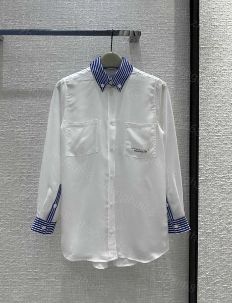 

23ss womens designer clothing high neck blouse women shirt blue-and-white striped patchwork lapel letter-print pocket long-sleeved shirt wom