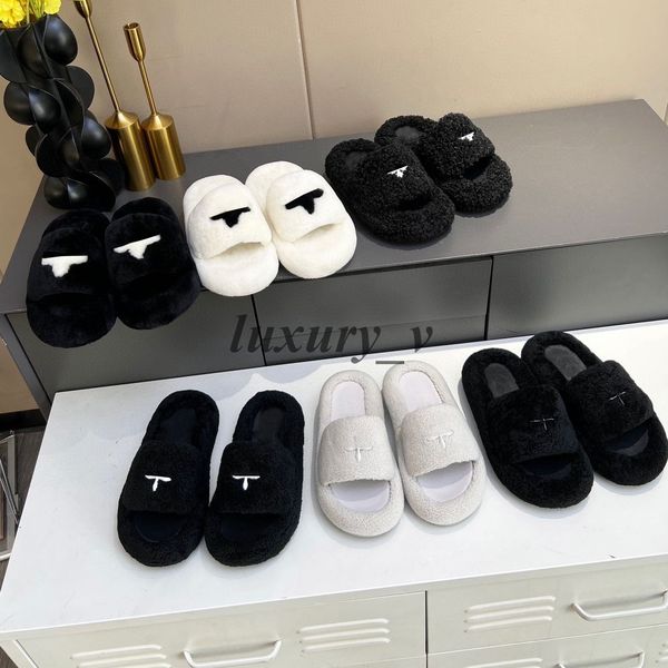 

designer fur slippers women furry slides winter wool slipper thick bottom fashion apartment flats muller slipper mules, Black