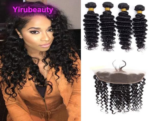 

brailian human hair 4 bundles deep wave witht 134 lace frontal baby hairs 5 pcs double wefts part natural color5576487, Black;brown