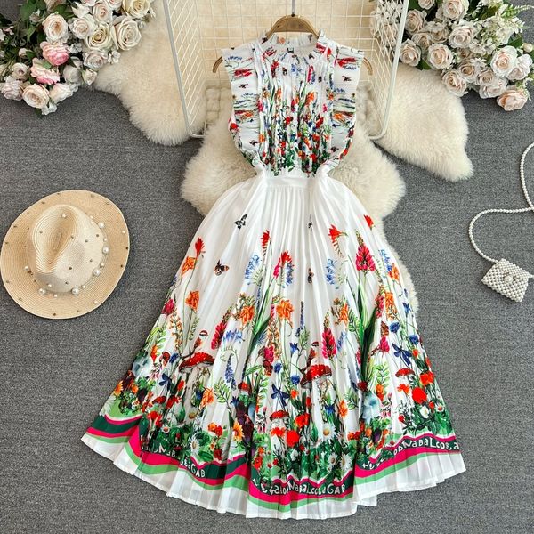 

french fashionable pastoral flower print sleeveless dress new summer high waist slim pleated dress, Black;gray