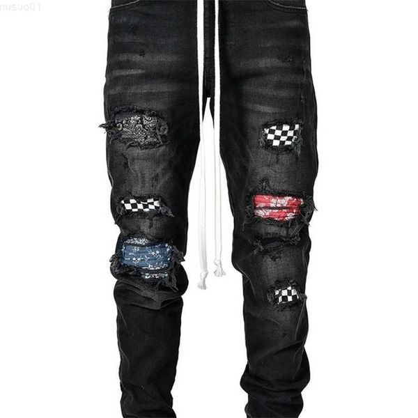

men's fashion skinny jeans men ripped grid patchwork stretch denim elastic hip-hop jogging pencil pants streetwear 210318 l230726, Blue