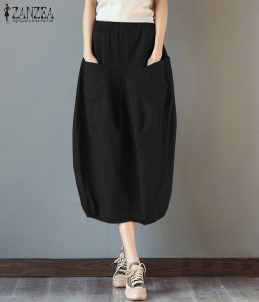 

2019 zanzea summer women elastic hem cotton linen skirts pockets casual work midi skirt baggy party jupe faldas plus size y19043001162055, Black